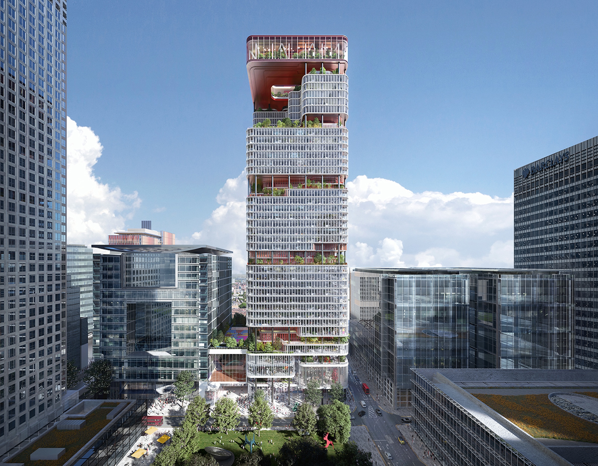 8 Canada Square, a Norman Foster-designed office building that’s currently the global headquarters of HSBC Holdings, will have large sections of its façade removed to create landscaped terraces. Design by KPF. 