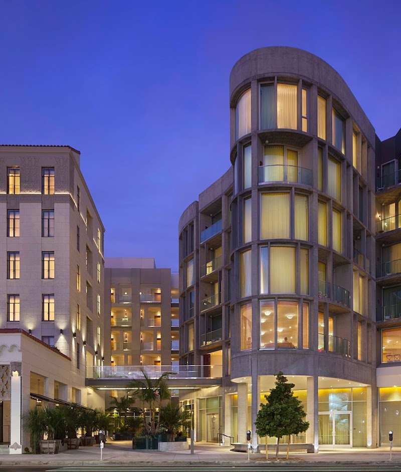 Santa Monica Proper Hotel connection bridge at dusk