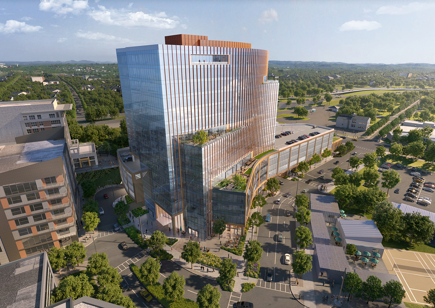 Construction recently started on 5 City Blvd, a 15-story office and mixed-use building in Nashville. Rendering courtesy Goettsch Partners