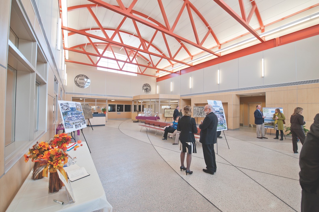 The double-height lobby of the ICIW's new administration building