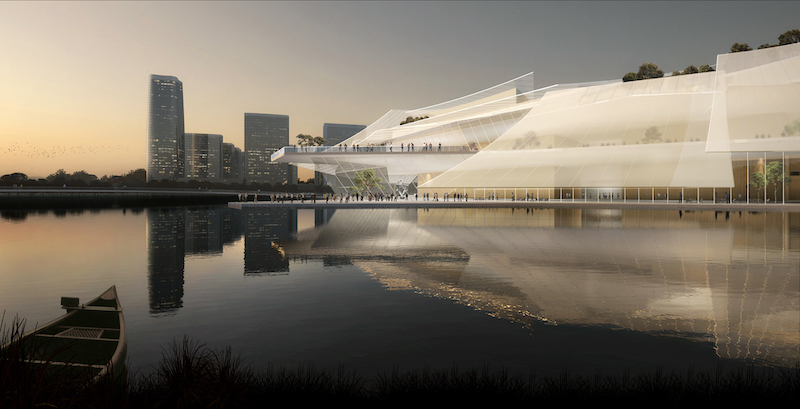 Yiwu grand theater at dusk