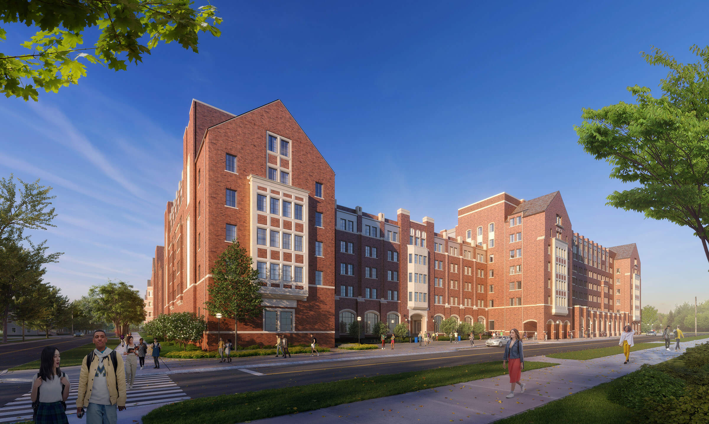 University of Michigan’s Central Campus residence hall, as seen looking west from Hill Street. Rendering © RAMSA 