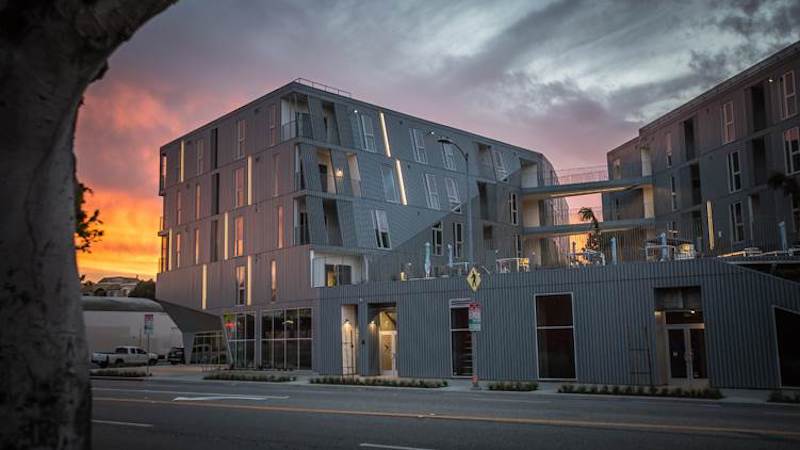 1500 Granville exterior at dusk