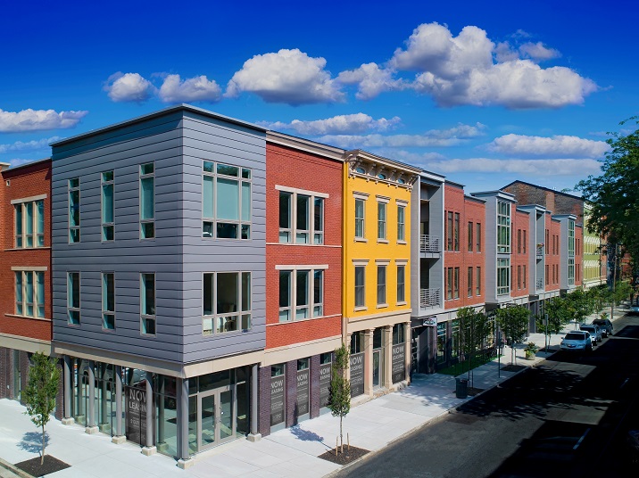 PAC-CLAD Reveal metal wall panel system in Slate Gray aluminum wraps the corner on Rennen in Cincinnati