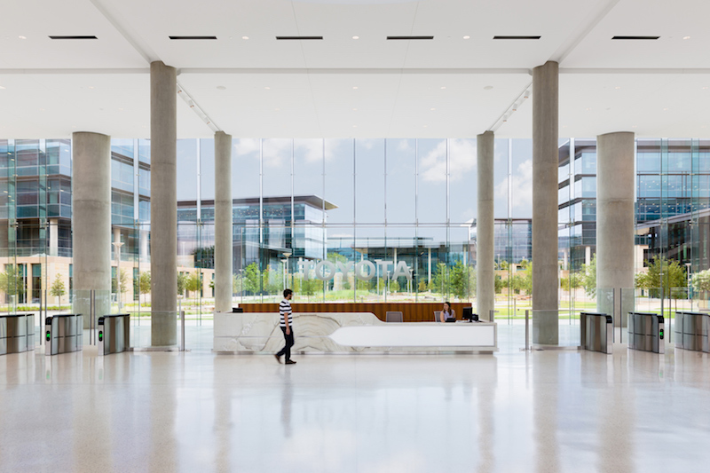 An interior lobby at the new Toyota Motor North American HQ designed by Corgan