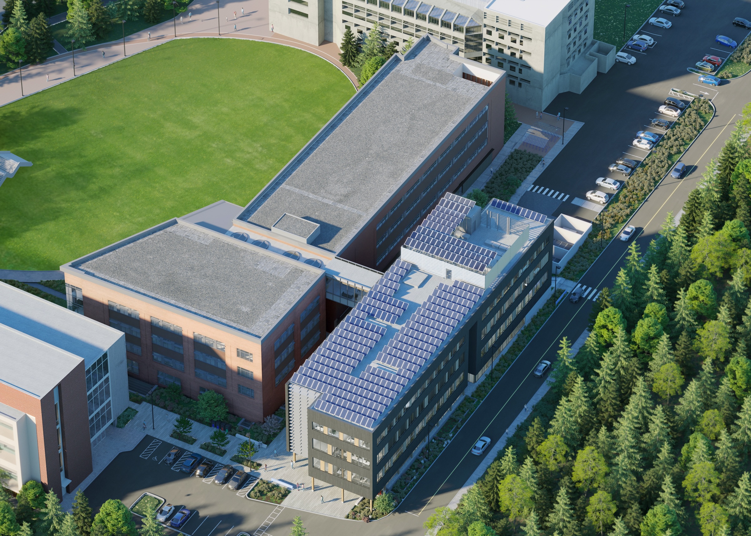 Kaiser Borsari Hall will draw 100% of its electricity from a rooftop solar panel array. Photo courtesy Perkins&Will