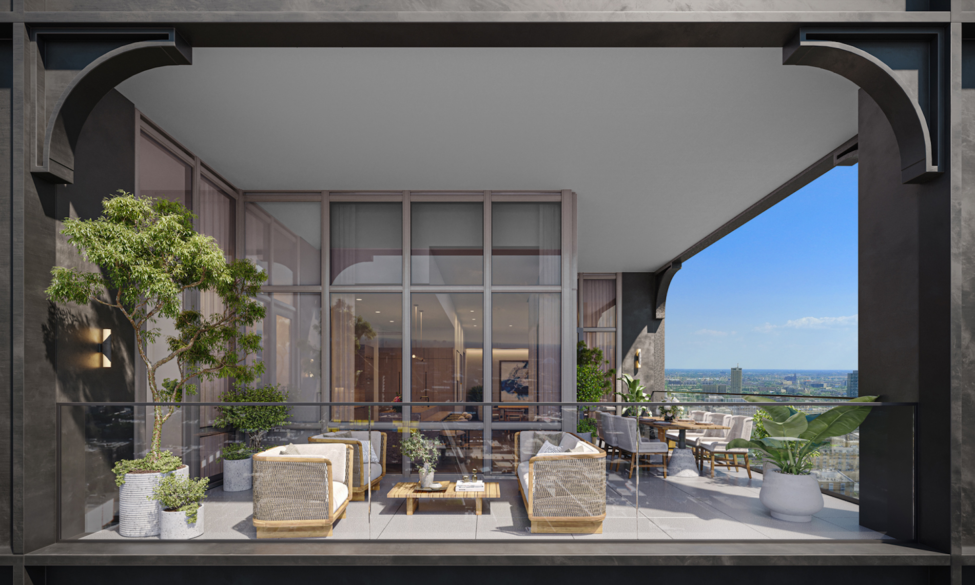 The penthouse terrace at The Row Fulton Market multifamily tower in Chicago by Related Midwest 