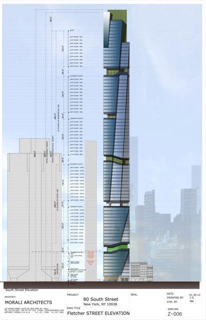 A new design for 80 South Street in New York City includes multiple vegetative r