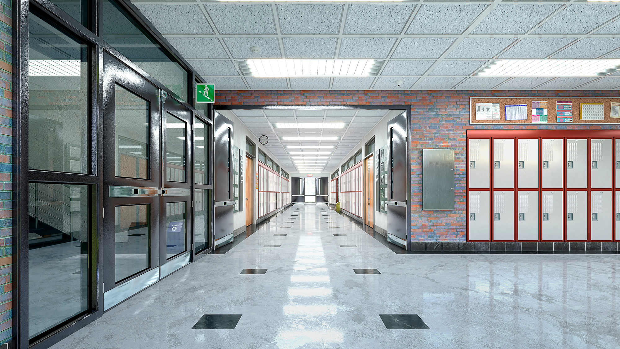 School hall and corridor interior. 3d illustration