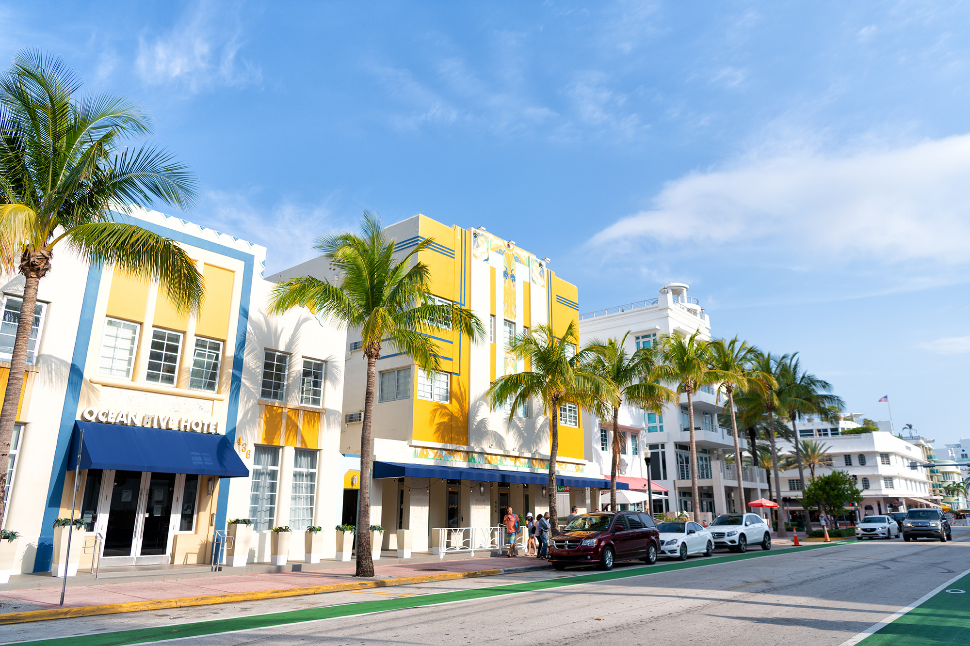 Miami, USA - April 18, 2021: iconic Ocean Drive street with art-deco hotel buildings in Florida