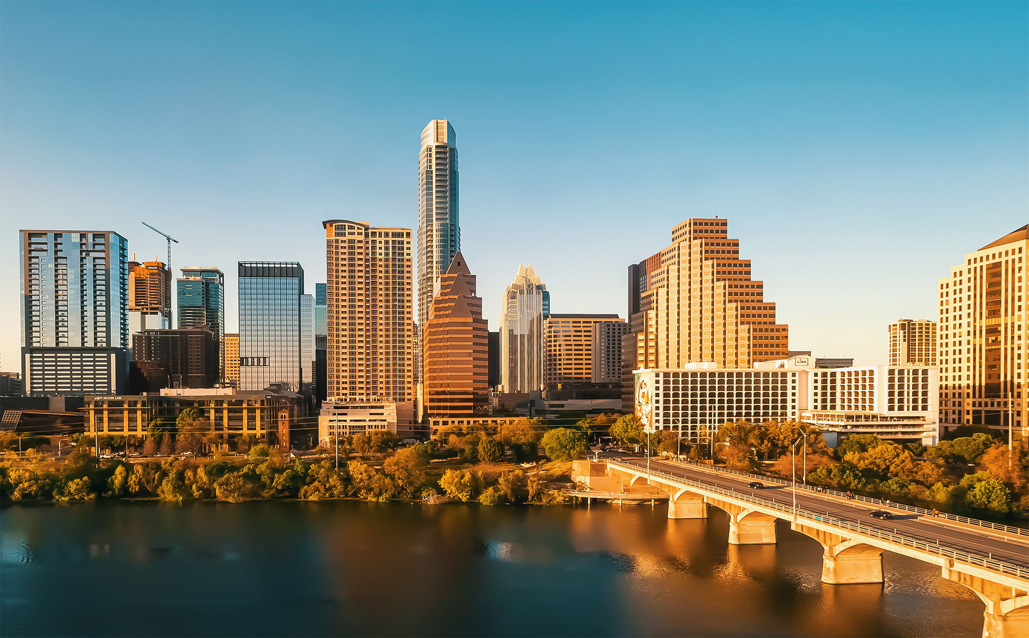 Downtown Austin Texas skyline with view of the Colorado river