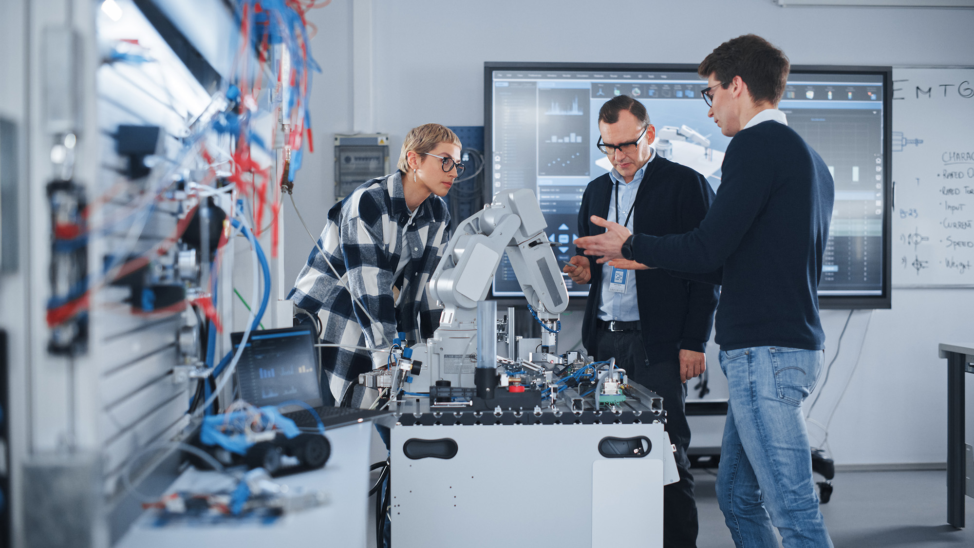 People Discussing Robotic Prototype of Hand. Computer Science Education Concept