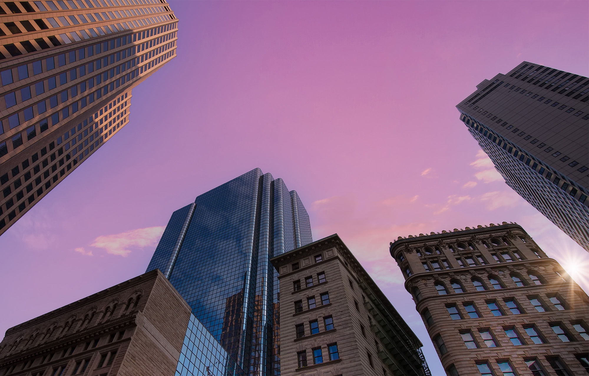 USA, Scenic Boston multifamily downtown financial district city skyline and skyscrapers.