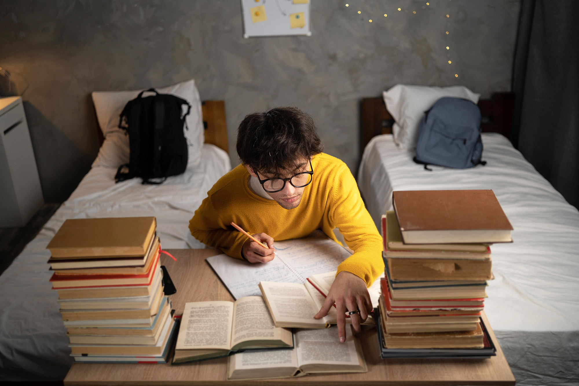 Serious male student writing, reading books and prepare for college exam in dormitory room. Top view.