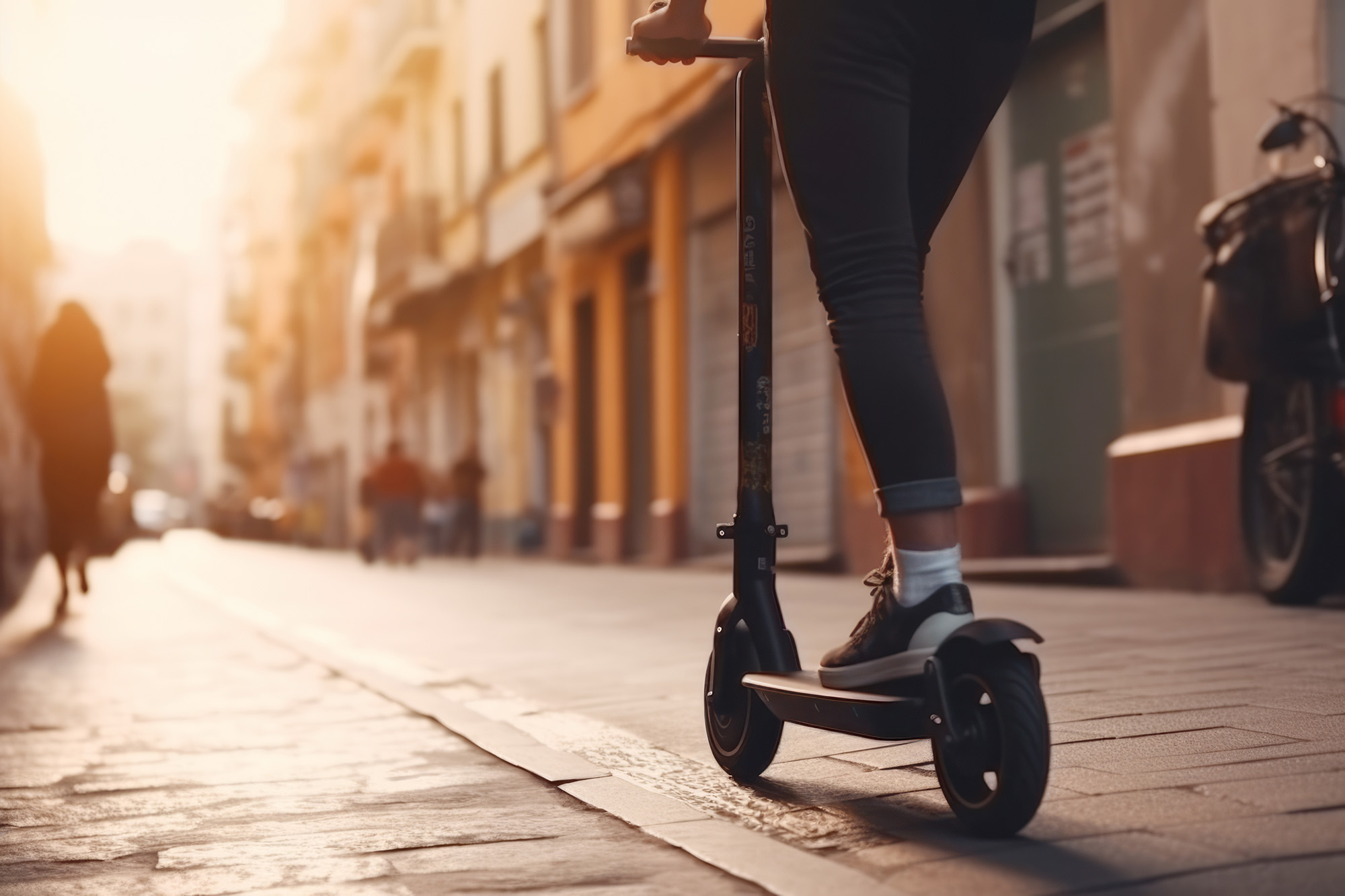 people couple using electric scooter in city park - Millenial students riding new modern ecological mean of transport 