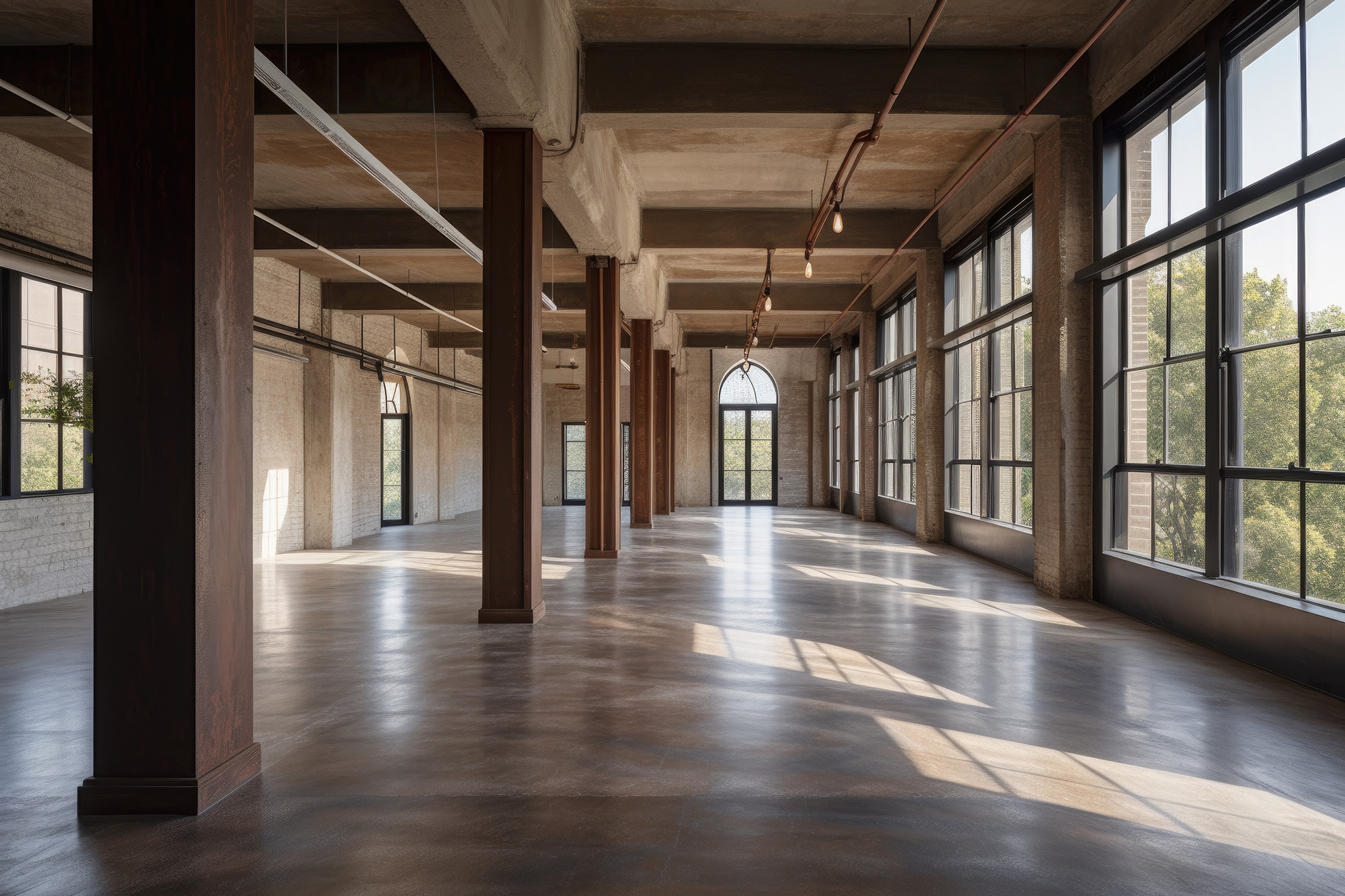 adaptive reuse and renovation project transforms cavernous warehouse into open, bright space perfect for offices, created with generative ai