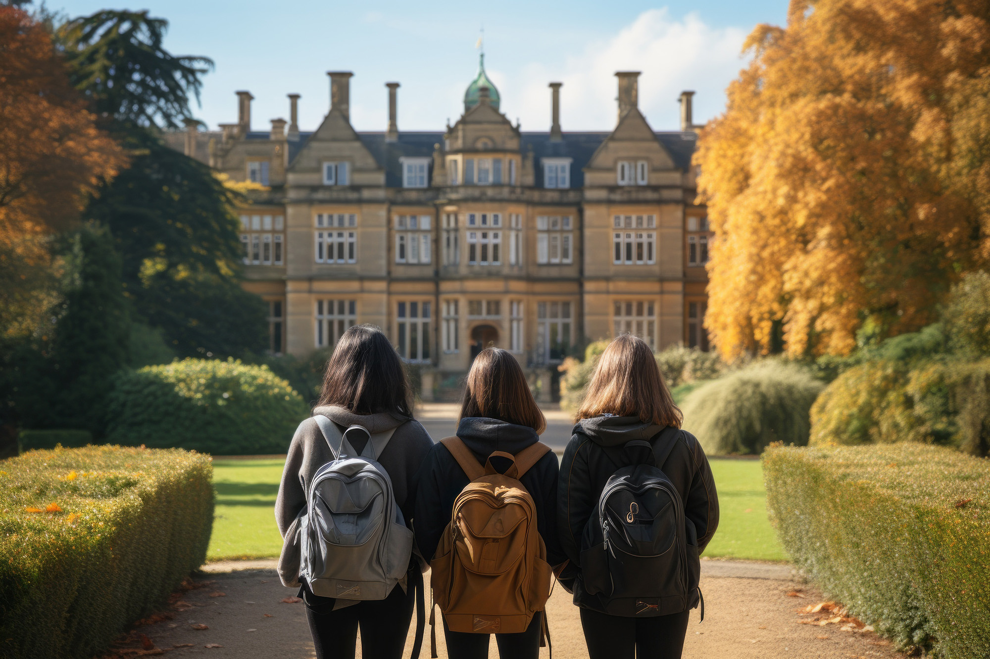 Students walk into a dormitory or college campus, viewed from the back