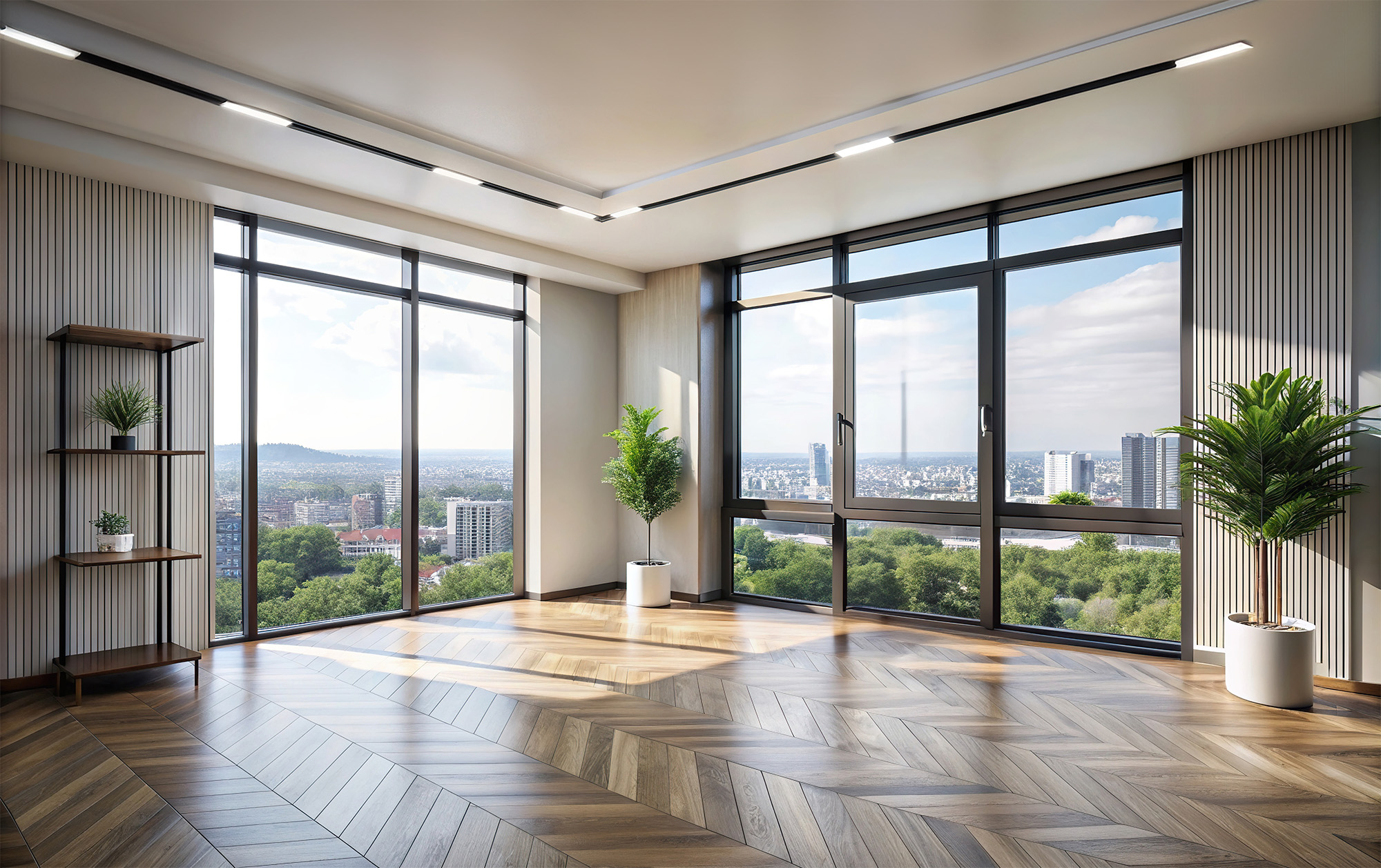 Modern empty apartment room with large window, minimalistic design