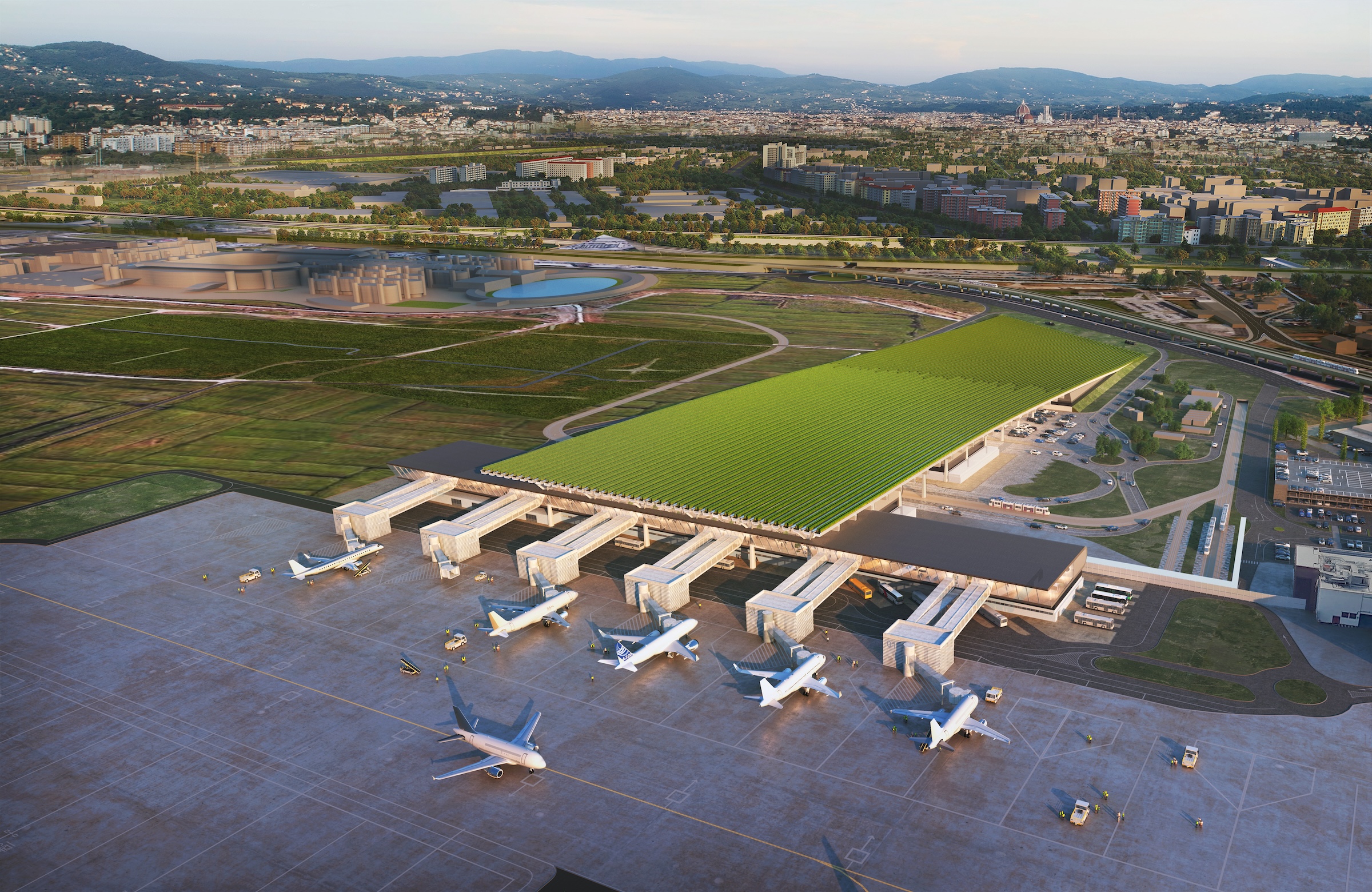 Rafael Viñoly Architects’ design for the new Florence, Italy, airport terminal will feature a rooftop vineyard, Courtesy Rafael Viñoly Architects