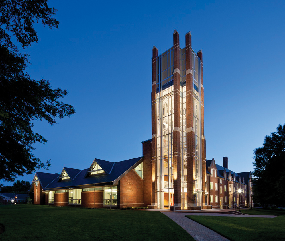 The tower at the Vernon S. Broyles Leadership Center unifies a new addition (lef