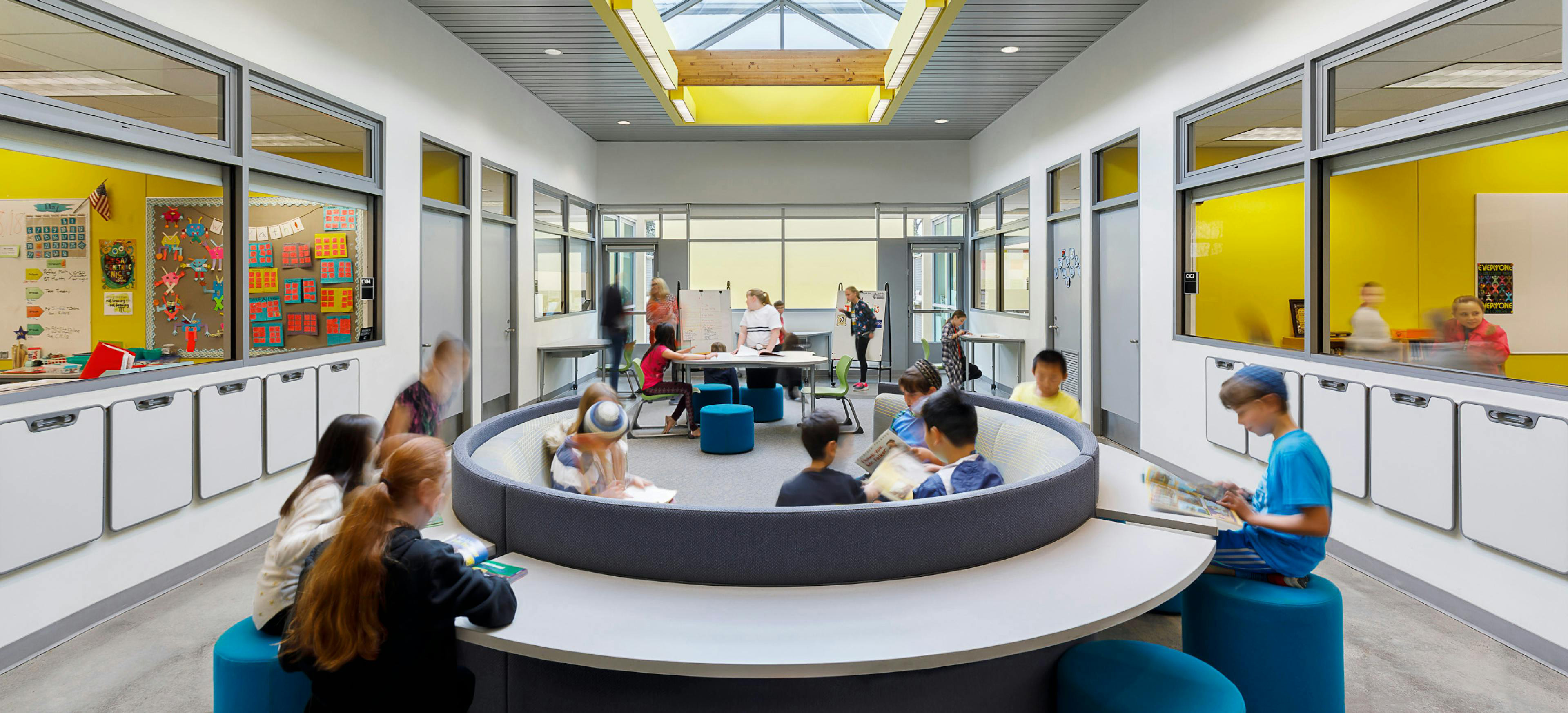 K-12 classroom with interior and exterior windows