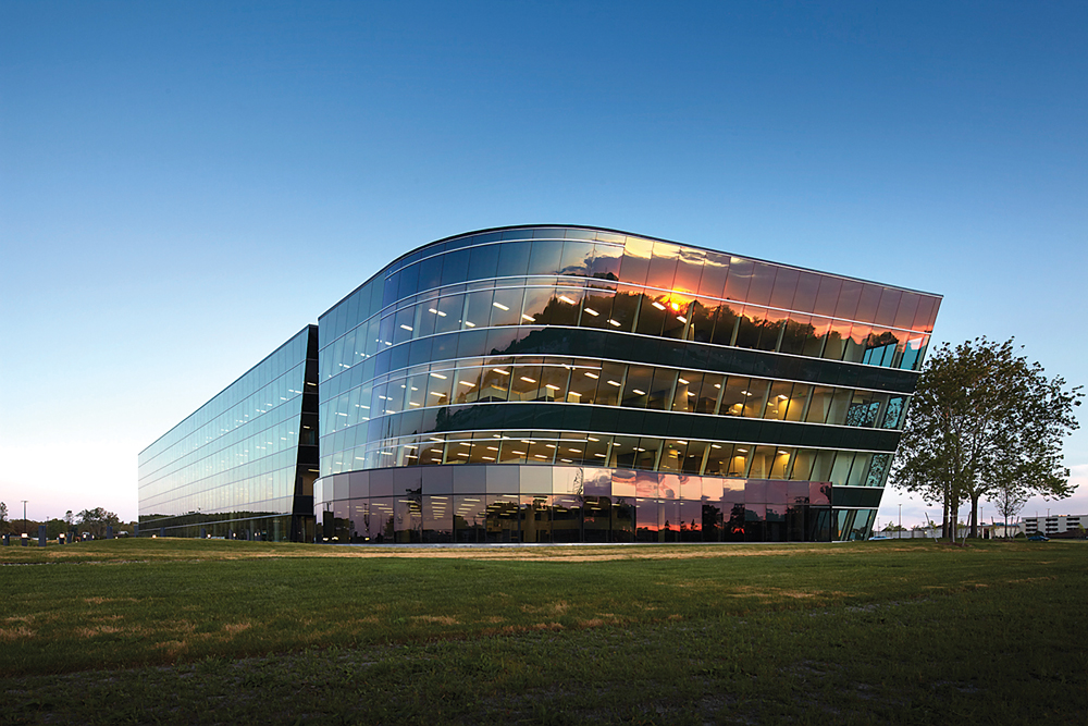 Completed in March 2012, the sleek office and prototype facility for global defe