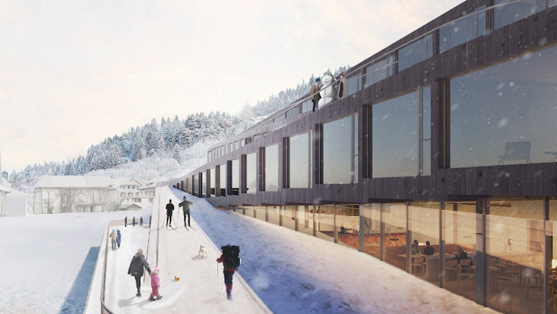 Guests ski down the Audemars Piguet hotel des Horlogers 