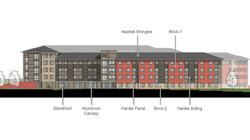 A rendering that shows the materials to be used for the Blinn College residence hall