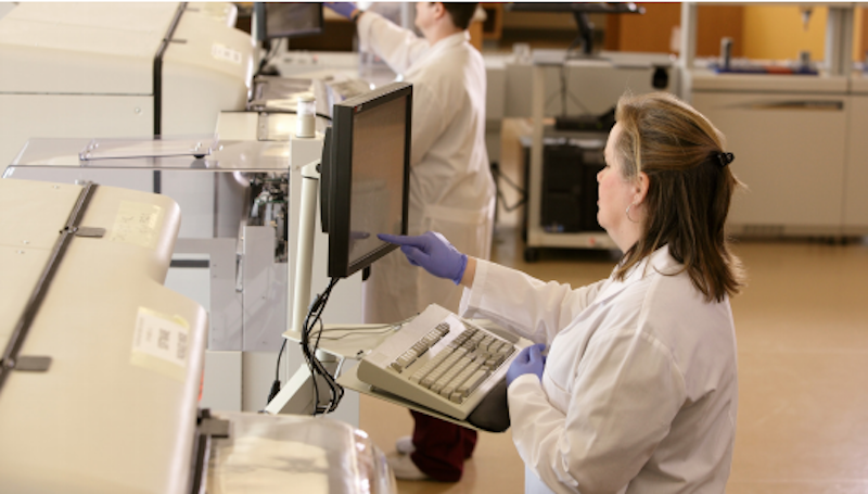 A healthcare professional working at a computer