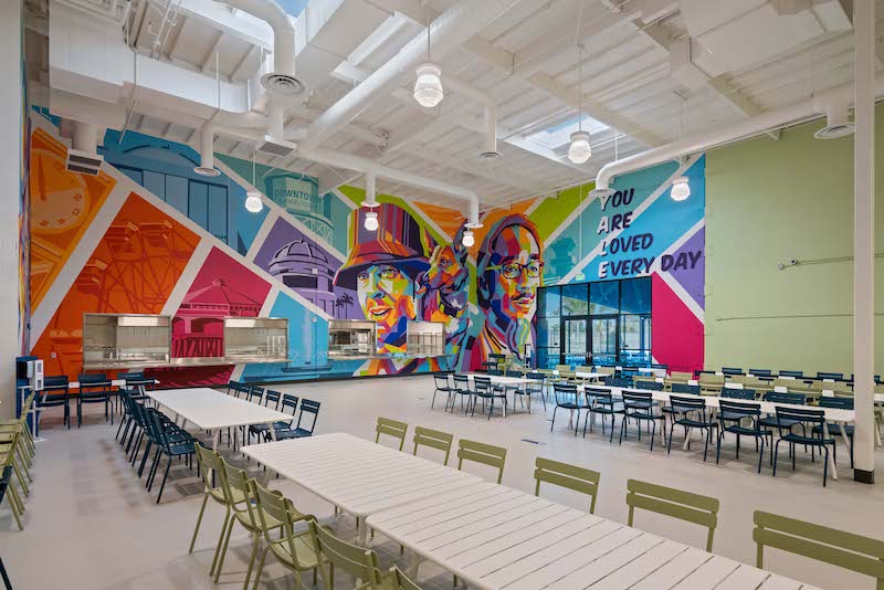 Dining hall at Yale Navigation Center in Santa Ana, Calif.