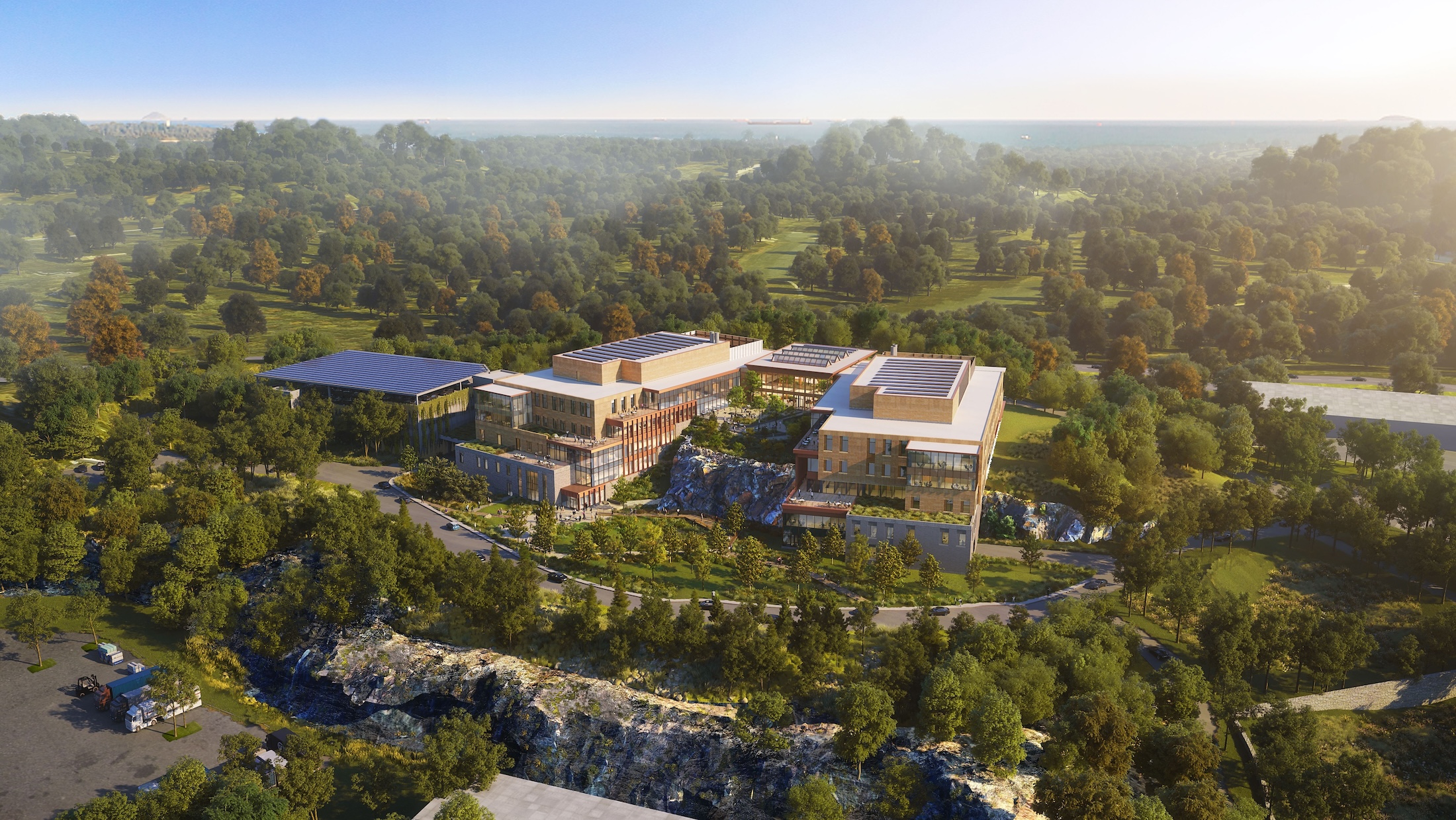 HGA unveils plans to transform an abandoned rock quarry into a new research and innovation campus for Cell Signaling Technology (CST). Rendering courtesy HGA