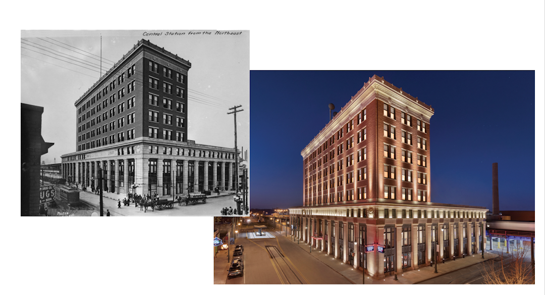 Central Station at its opening in October 1914 and the revitalized hotel in 2020