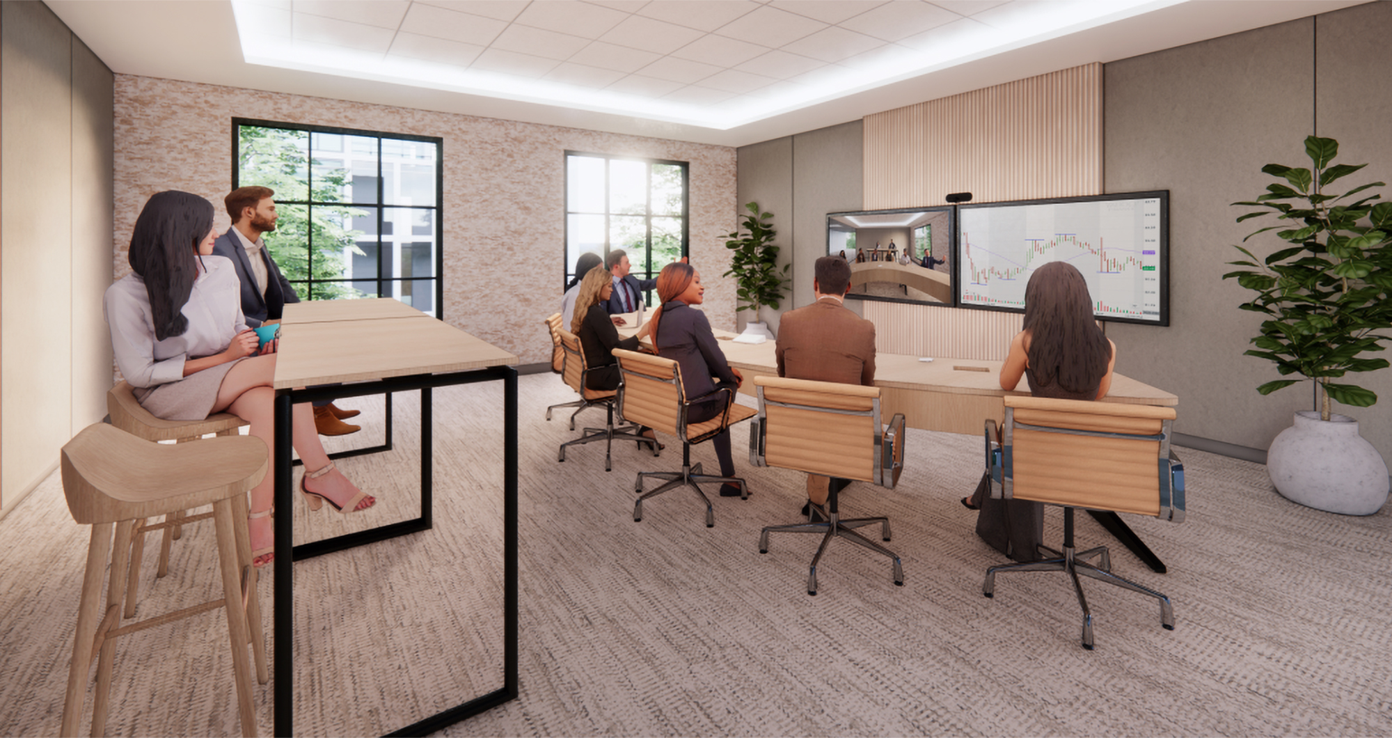 Rendering of adults in modern office room