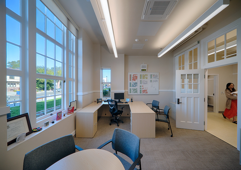 Remodeled administration office shows off new windows.