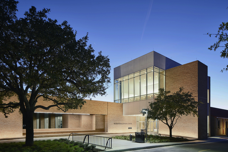 Exterior St. Edward's Recreation center at dusk