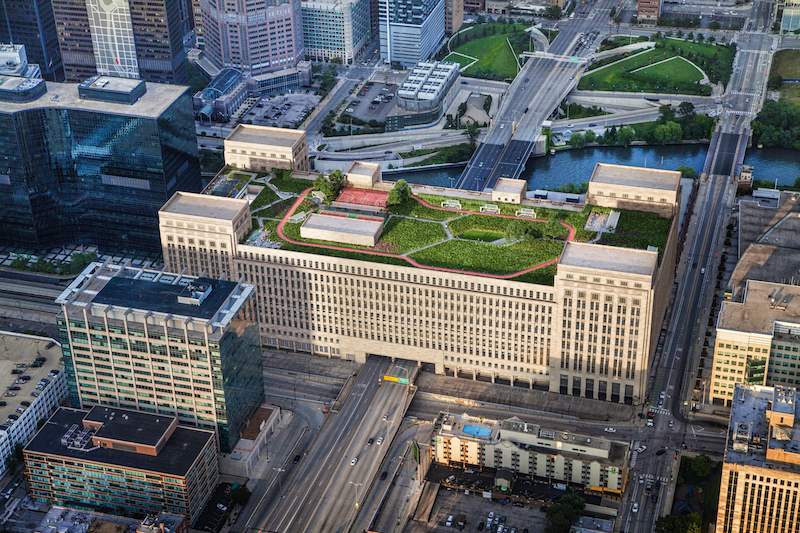 Aerial view of the Post Office redevelopment project with the green roof