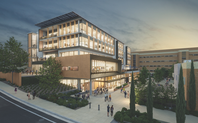 UCR School of Med Ed II exterior at night