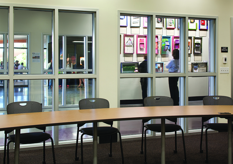 Fire-resistive tempered products such as SuperLite II-XL 45, shown in this 1-hour corridor, is more affordable than filmed and laminated ceramics used in the same application.  SuperLite II-XL 45 is proudly USA-made, has no amber tints, meets CPSC Cat. II safety and the hose stream test, provides radiant heat protection and has a high STC rating.