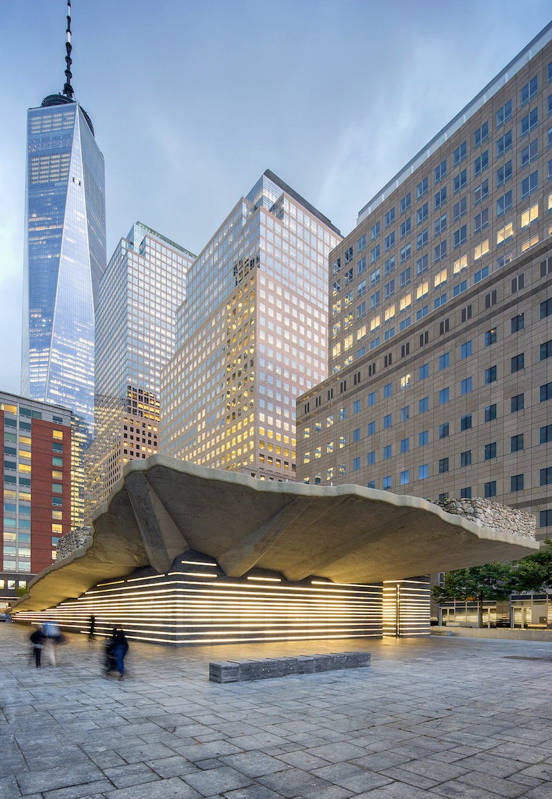 The cantilevered slab of the Irish Hunger Memorial