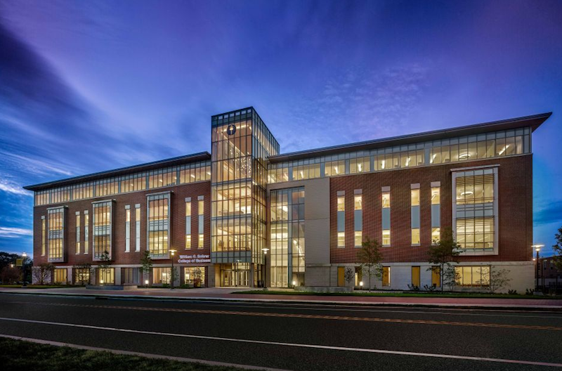 The exterior of the Rohrer College of Business building