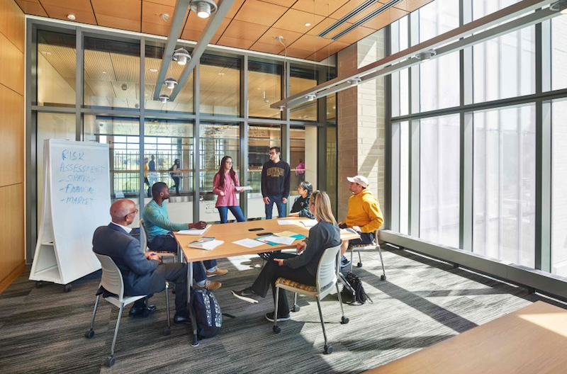 A collaboration space in the new Rohrer College of Business building