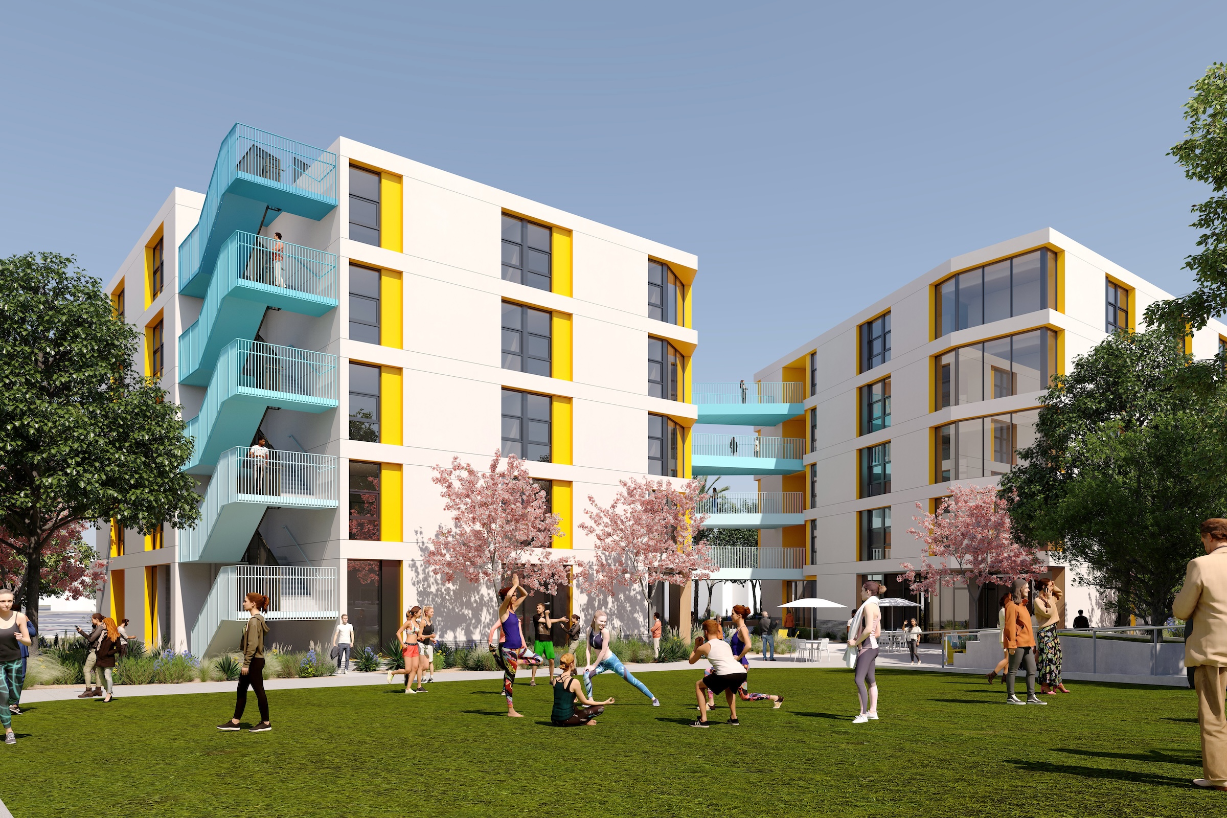 The 108,000 sf La Playa Residence Hall, funded by the State of California’s Higher Education Student Housing Grant Program, will consist of three five-story structures connected by bridges.