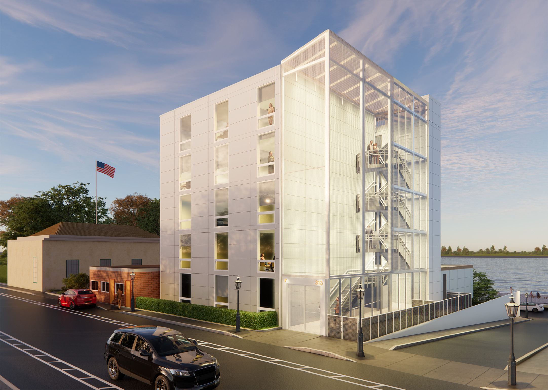 Prefabricated 30-unit apartment building rendering exterior