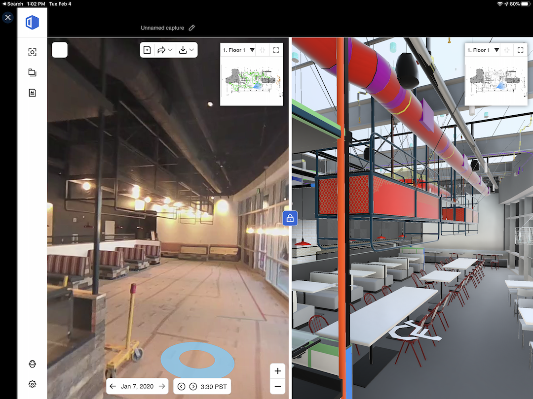 A side-by-side viewer compares an OpenSpace picture and the BIM model of a Level10 Construction project for a Silicon Valley tech company