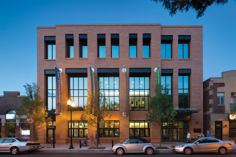 Vertical elements and orange brick on the Old Town Schools new East Building ev