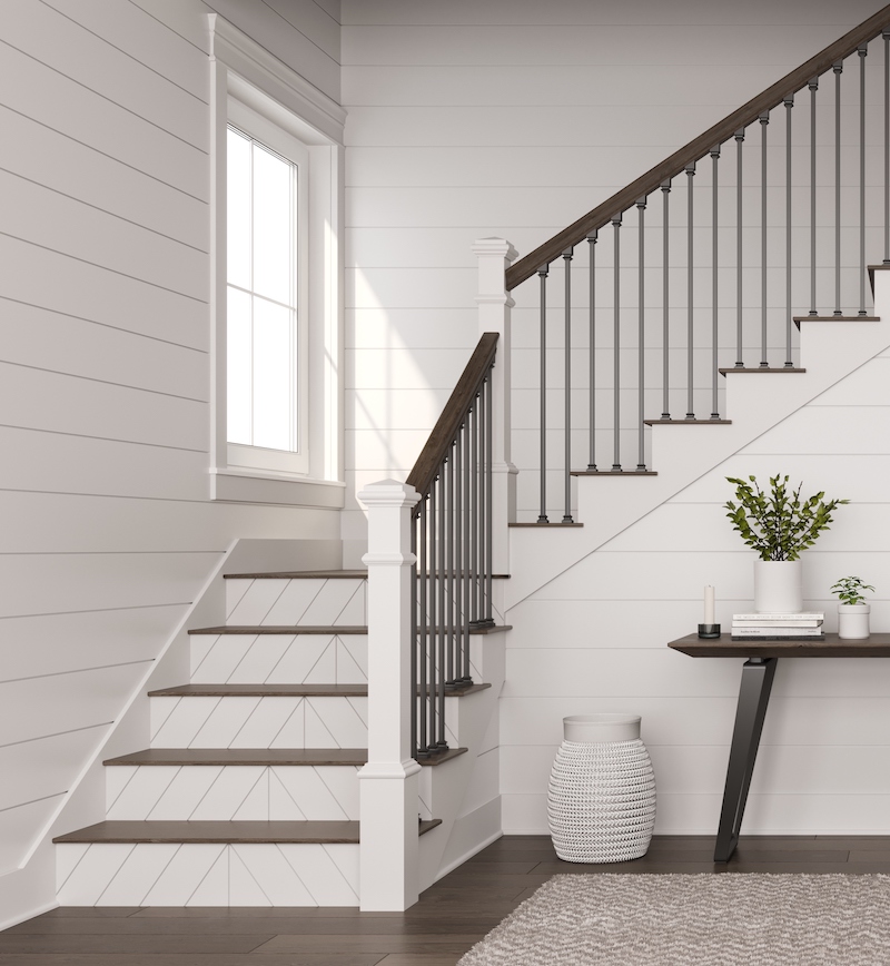 An ornamental stairway with LJ Smith Reversible Stair Risers.