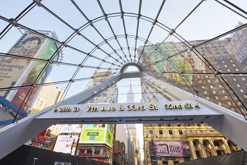 A view through East End Gateway's glass canopy