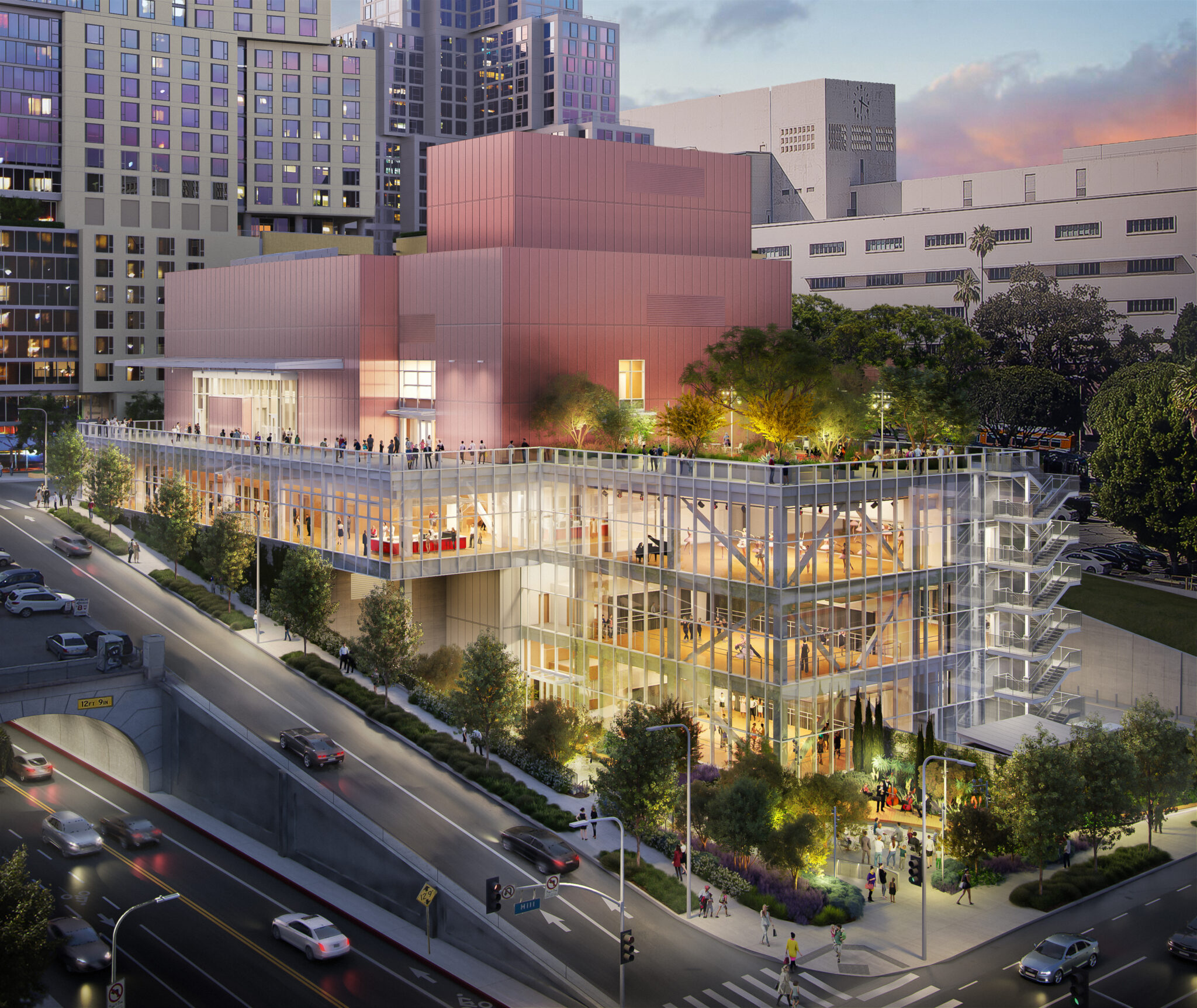 View of the Colburn Center at the Colburn School from Hill Street and 2nd Street intersection. Courtesy Frank O. Gehry & Gehry Partners, LLP