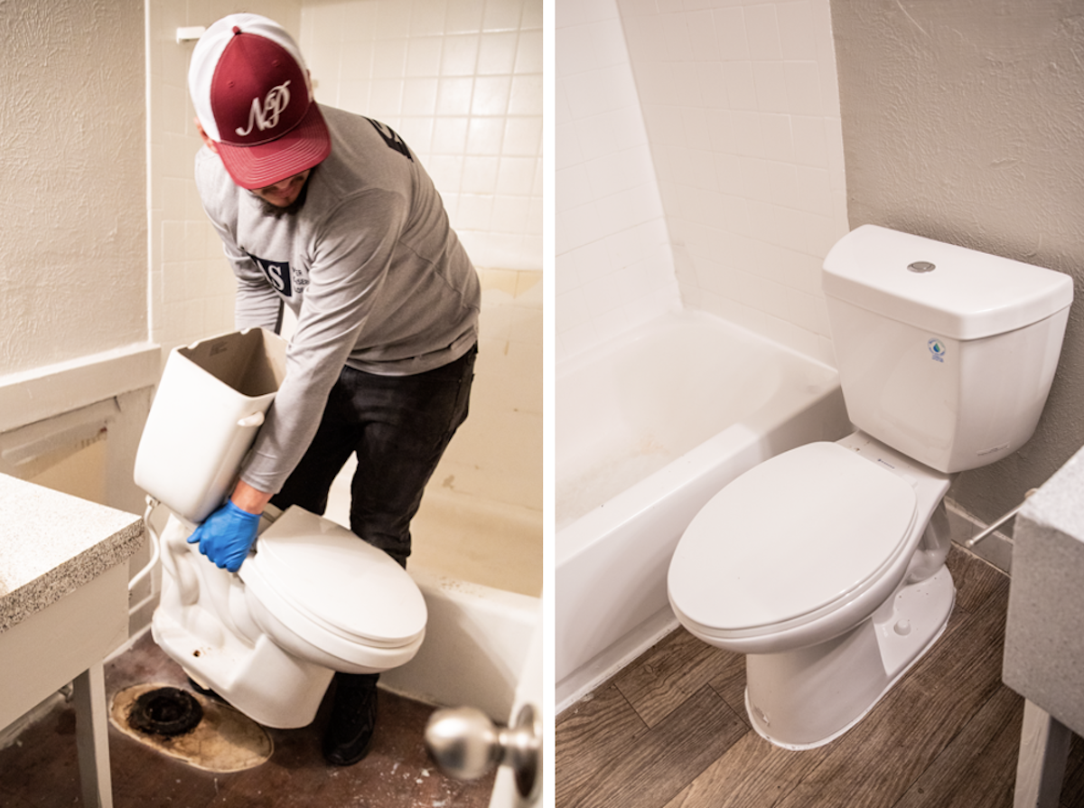 An SAS plumber replaces an existing toilet with a Niagara The Original 0.8 GPF toilet at The Jones Apartments, Arlington, Texas. Photos: Courtesy Niagara