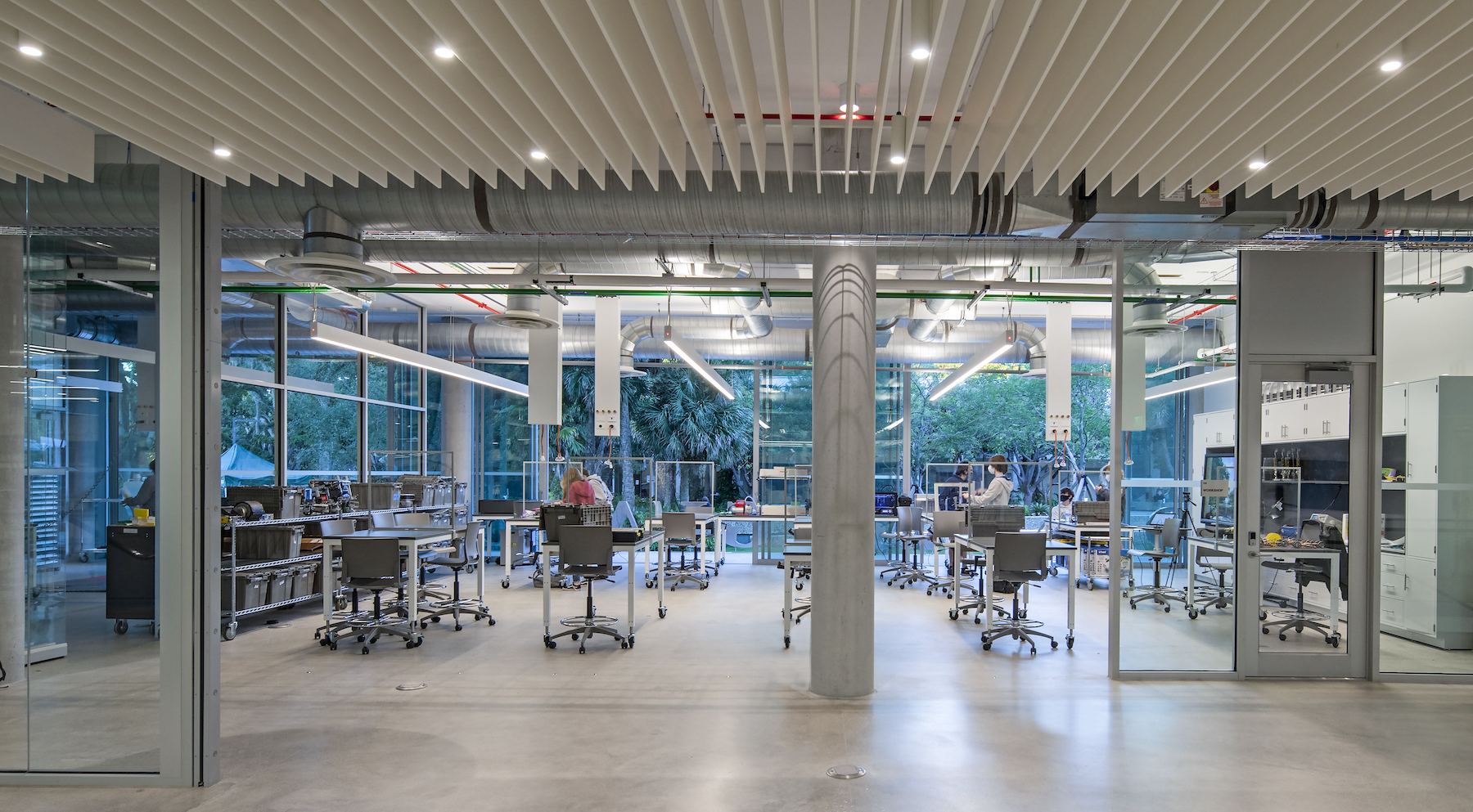 A glass-enclosed workshop at the Random Everglades School in Florida.